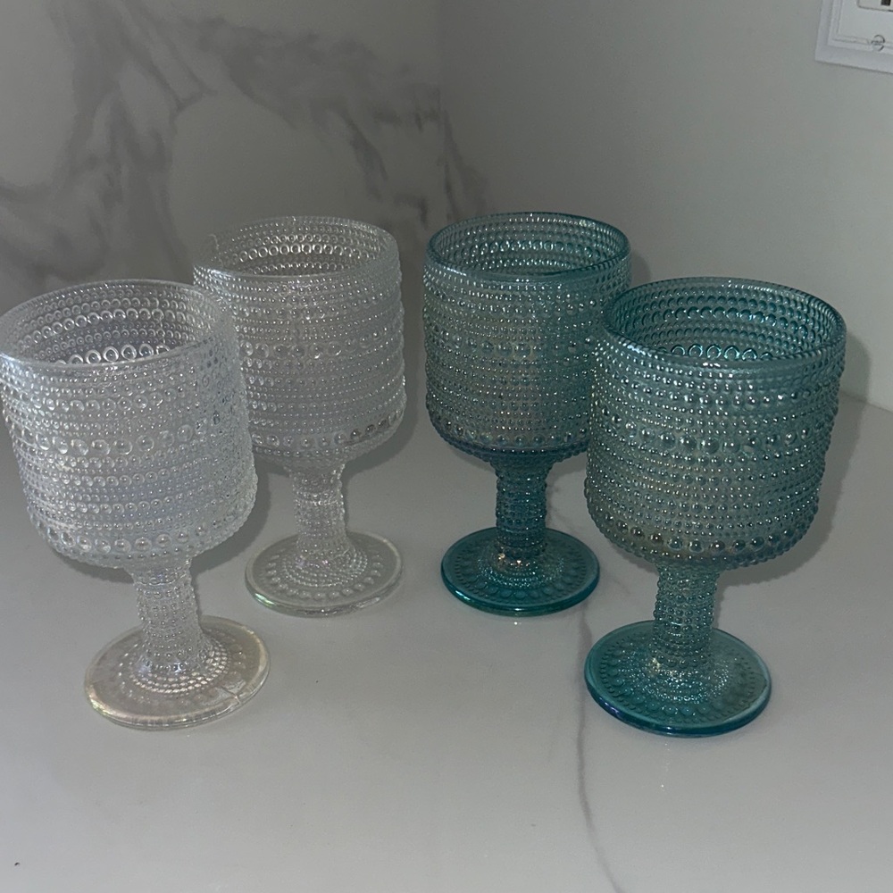 Set of Textured Glass Goblets in Clear and Teal
